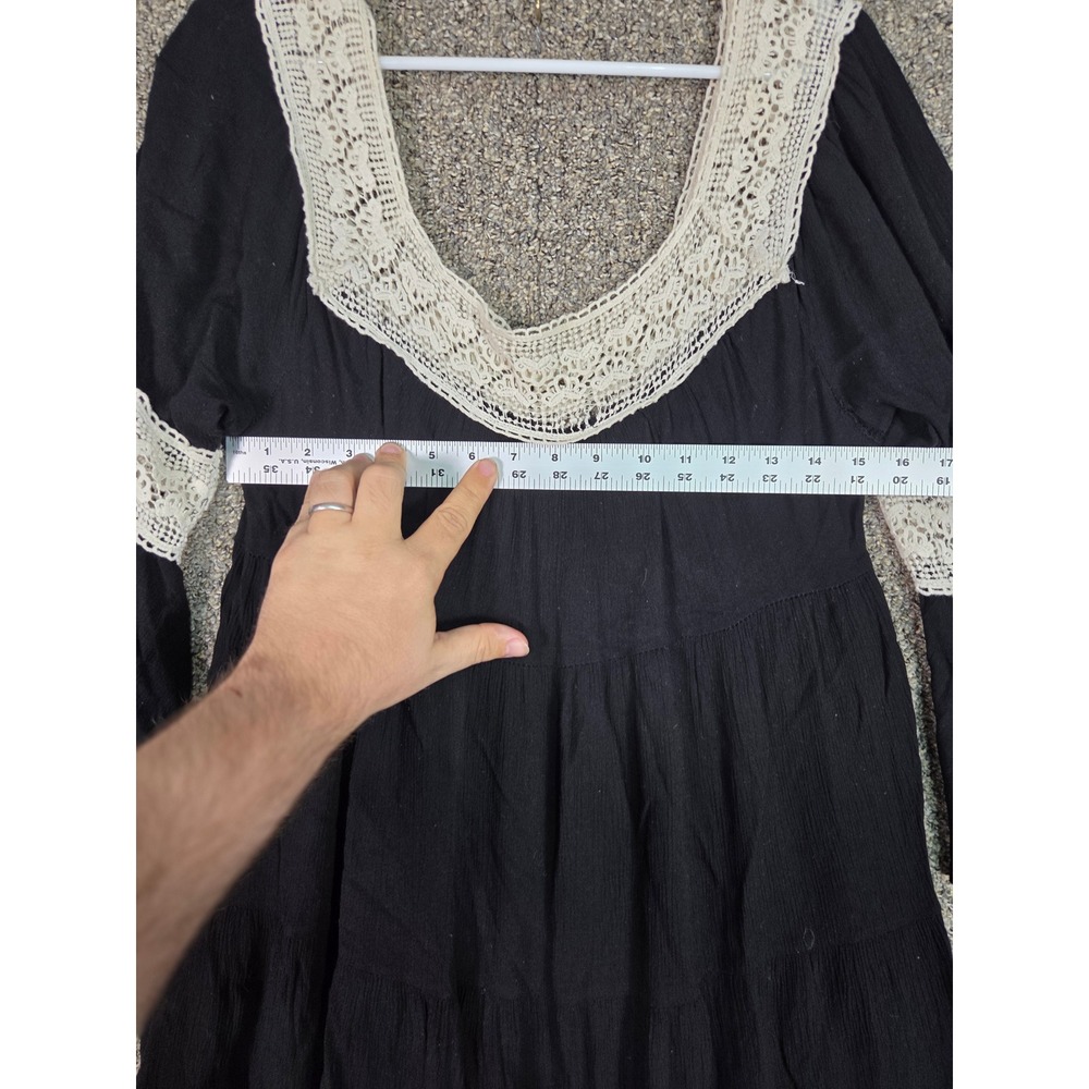 My Story Tiered Mini Dress Womens Small Black Crochet Lace Bell Sleeve Boho - Picture 8 of 16